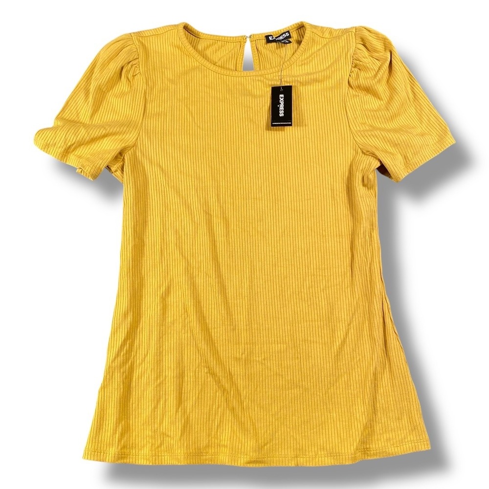 Express‎ Mustard Yellow Ribbed Puff Sleeve Tee Shirt - Women's Size M 200